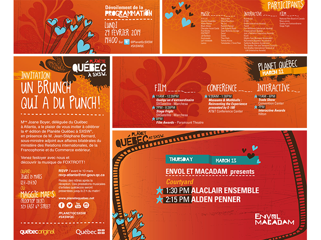 Dévoilement de la programmation, lundi, 24 février 2014, 14 h. Invitation - Un brunch qui a du punch! Envol et Macadam presents Courtyard, Alaclair ensemble, Alden Penner. Planet Québec à SXSW.