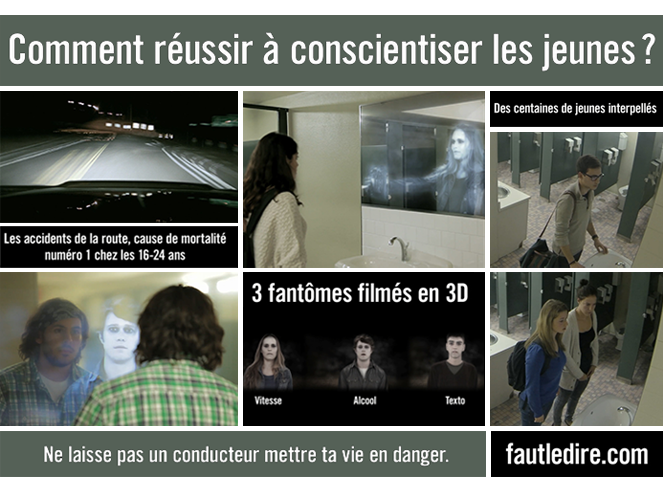 Comment russir  conscientiser les jeunes? Les accidents de la route, cause de mortalit numro 1 chez les 16-24 ans. 3 fantmes films en 3D. Des centaines de jeunes interpells. Ne laisse pas un conducteur mettre ta vie en danger. fautledire.com.